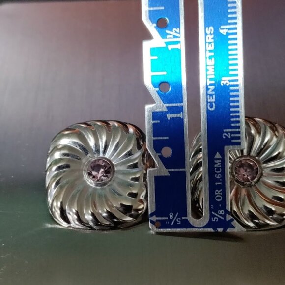 Sterling Silver Square Swirl Earrings With Pinkish Stone Centers - Picture 6 of 6